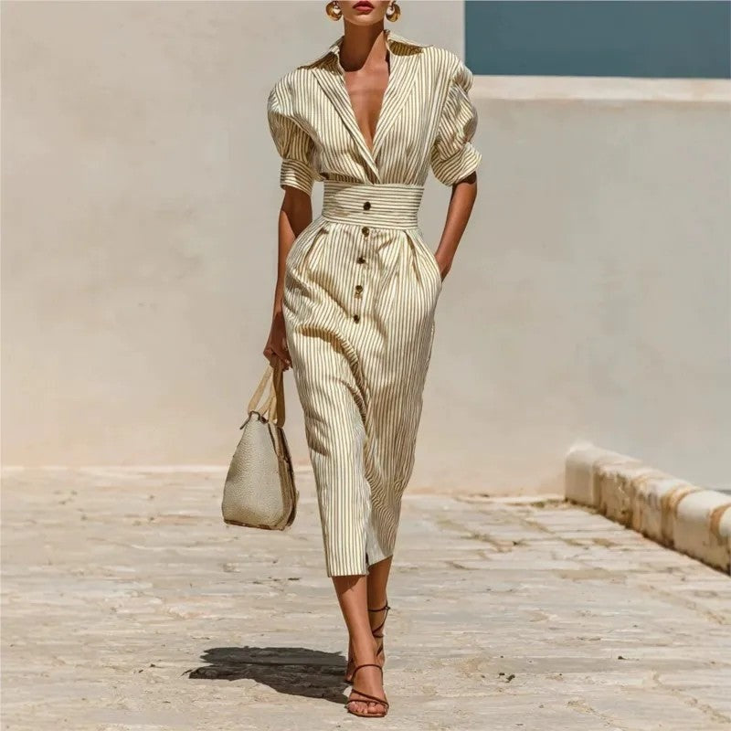 Helen Striped Linen Belted Midi Dress