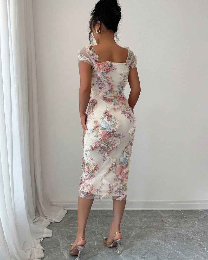 Mia Floral Mesh Ruched Midi Dress