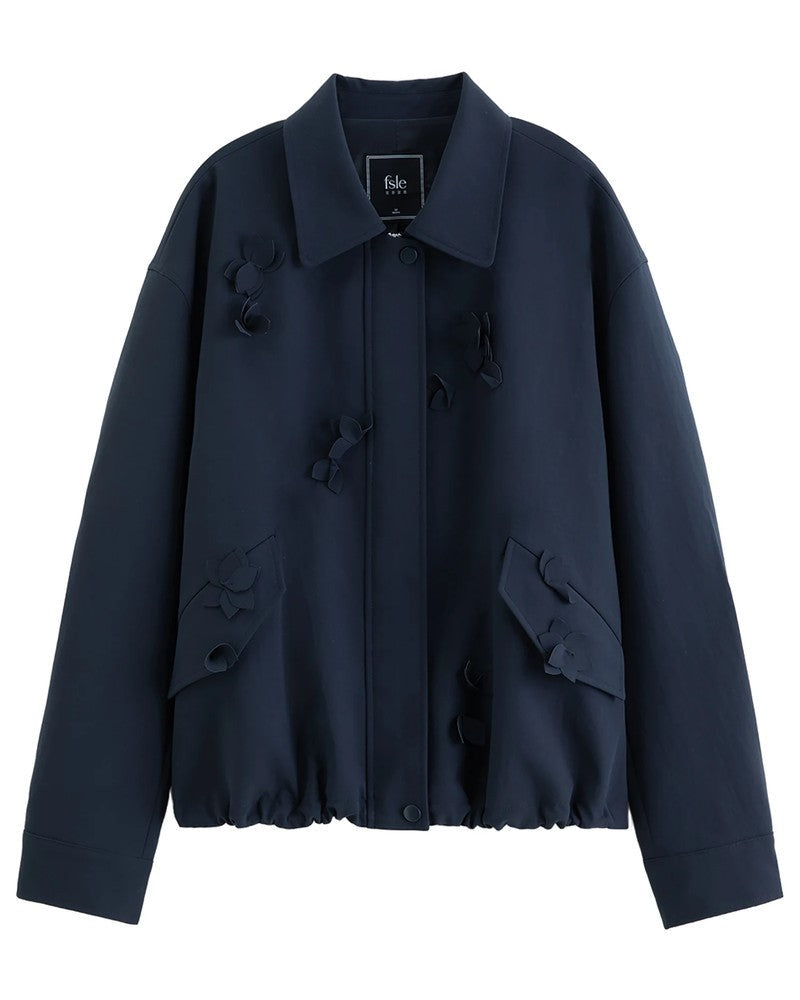Mirello Textured Floral Appliqué Bomber Jacket