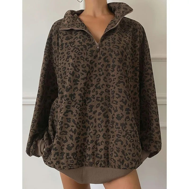 Selma Leopard Corduroy Half-Zip Pullover