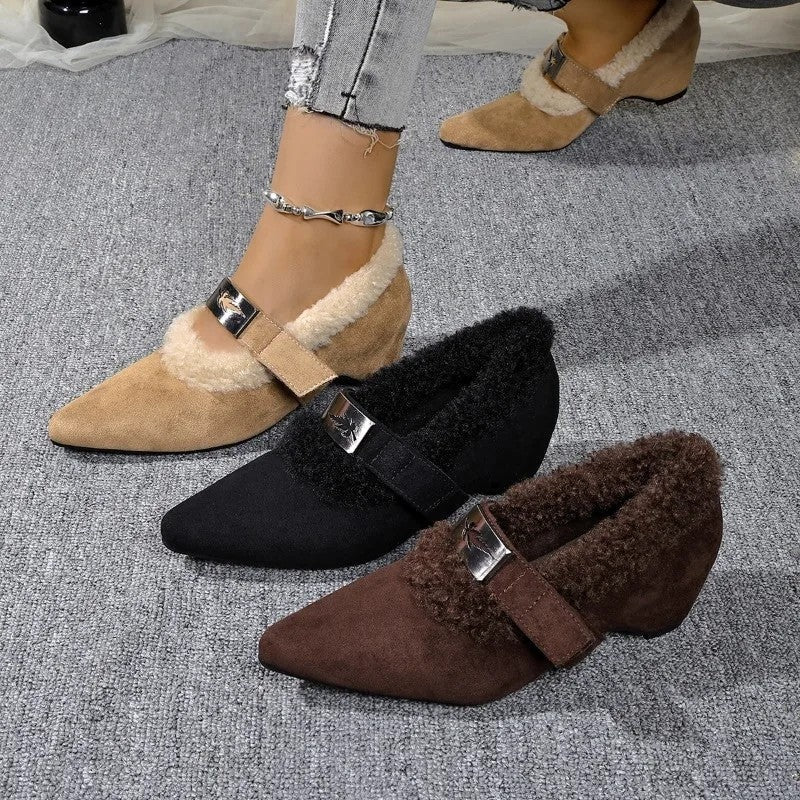 Stella Shearling Trim Buckle Wedge Shoes