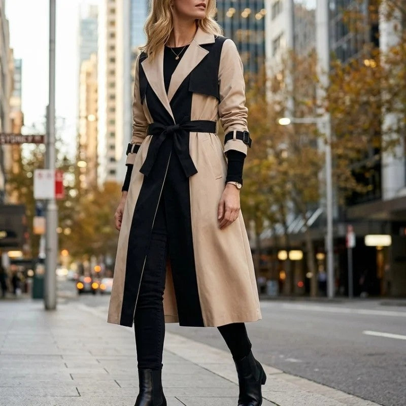 Anitra Colorblock Belted Long Trench Coat
