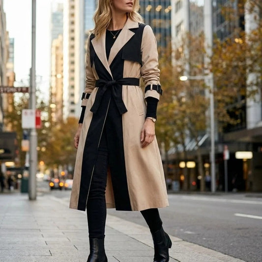 Anitra Colorblock Belted Long Trench Coat