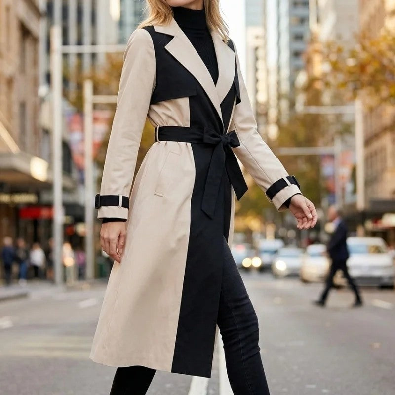 Anitra Colorblock Belted Long Trench Coat