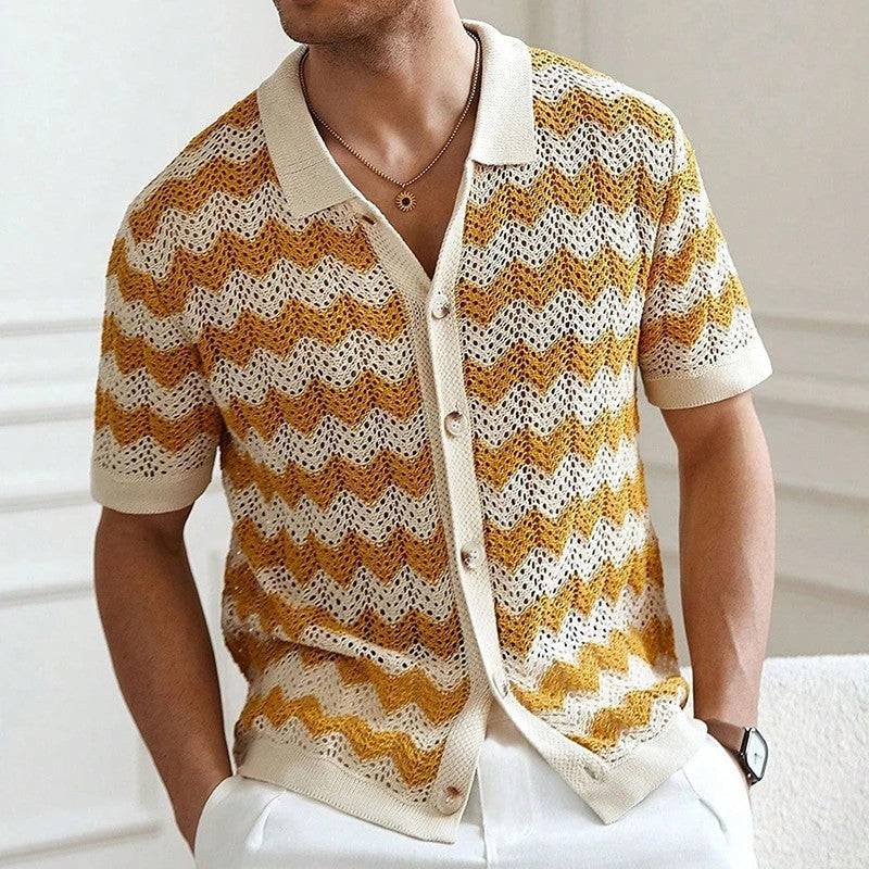 Cavino Crochet Knit Button-Up Shirt