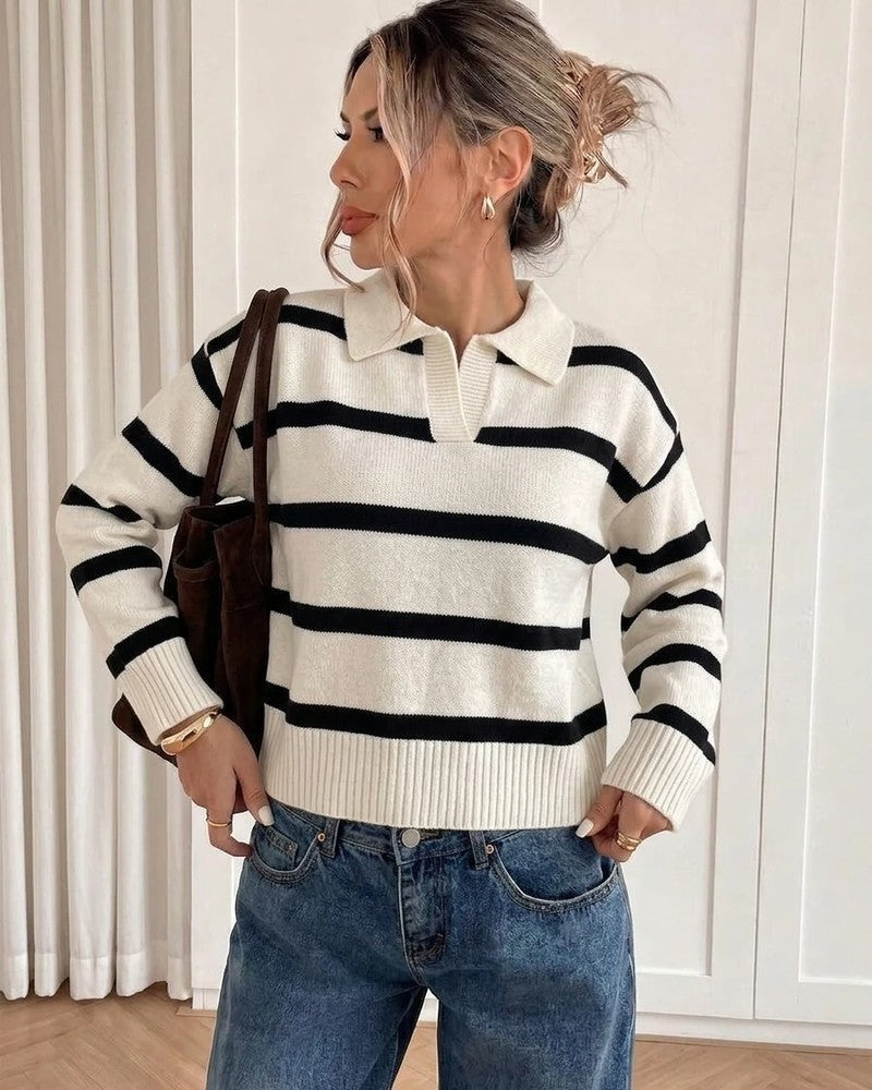 Doriana Striped Knit Polo Sweater