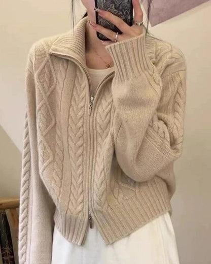 Edith Cable Knit Zip Cardigan Sweater