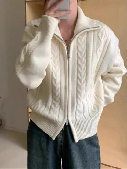 Edith Cable Knit Zip Cardigan Sweater