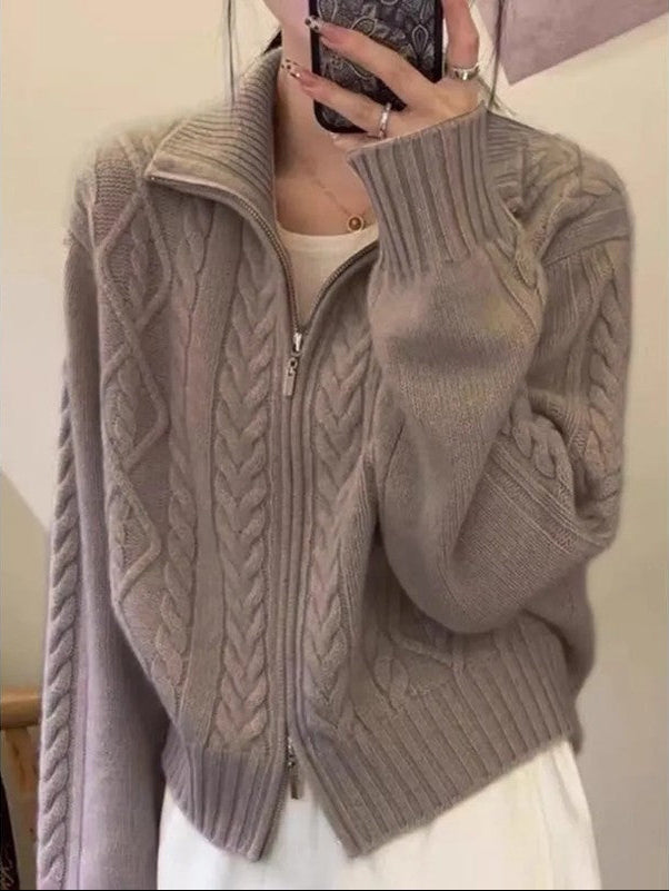 Edith Cable Knit Zip Cardigan Sweater