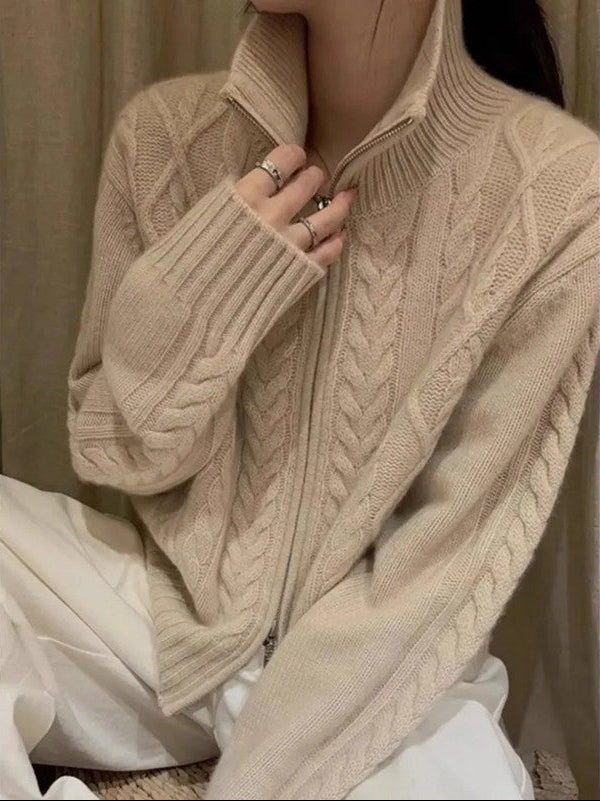 Edith Cable Knit Zip Cardigan Sweater