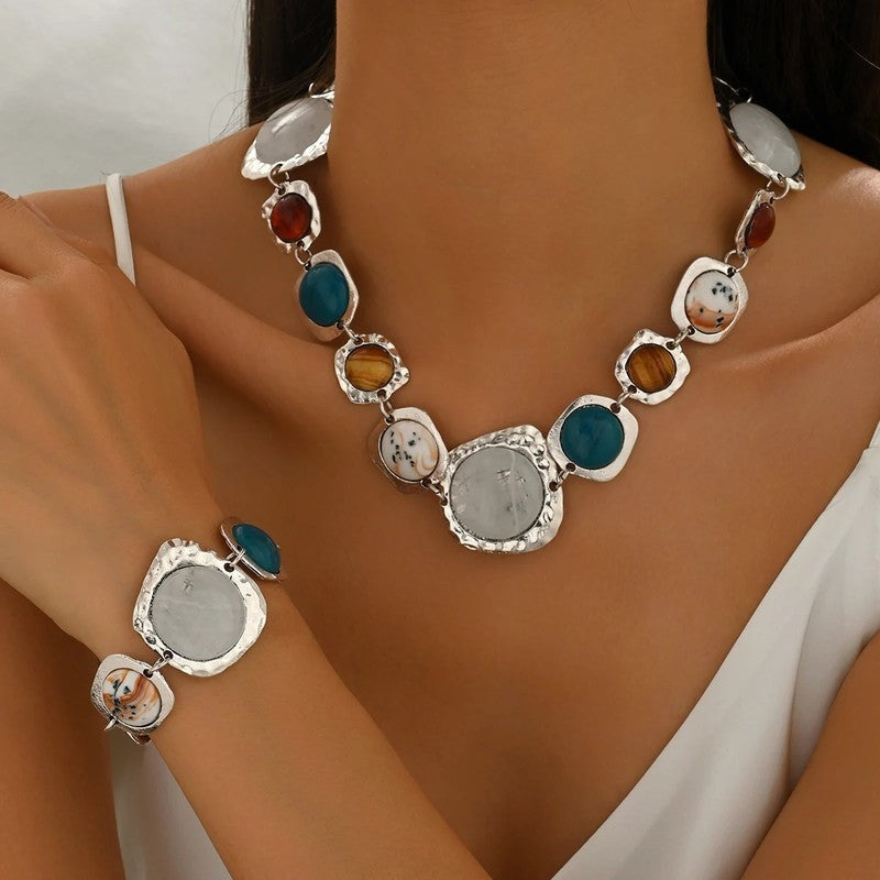Elisara Hammered Mixed Stone Statement Necklace Set