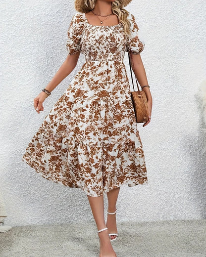 Eloria Floral Puff Sleeve Midi Dress