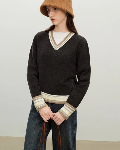 Elsa Contrast Trim V-Neck Knit Sweater