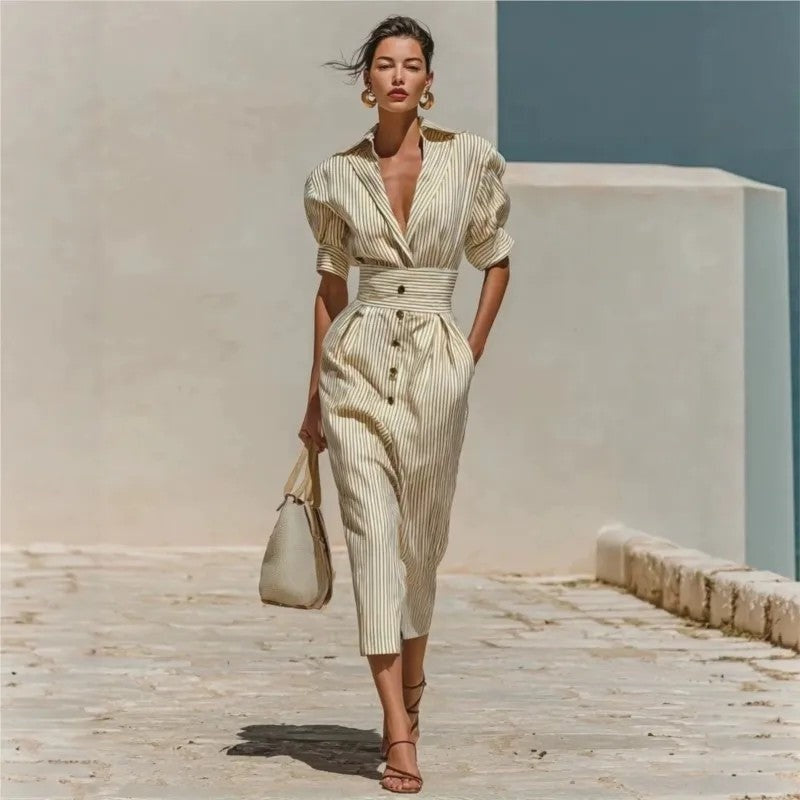 Helen Striped Linen Belted Midi Dress