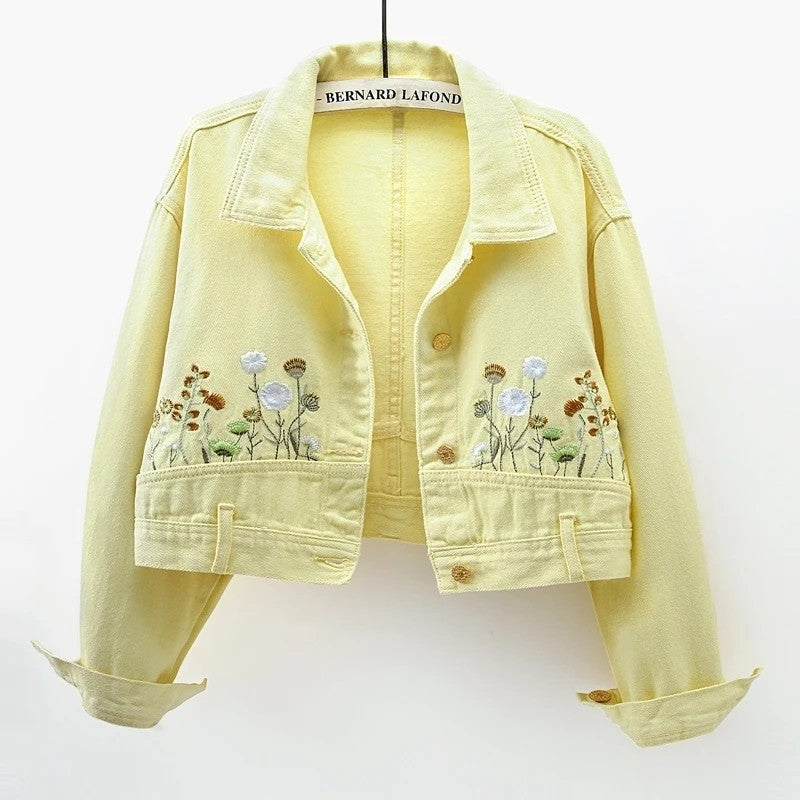 Lunelle Cropped Floral Embroidered Denim Jacket