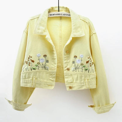 Lunelle Cropped Floral Embroidered Denim Jacket