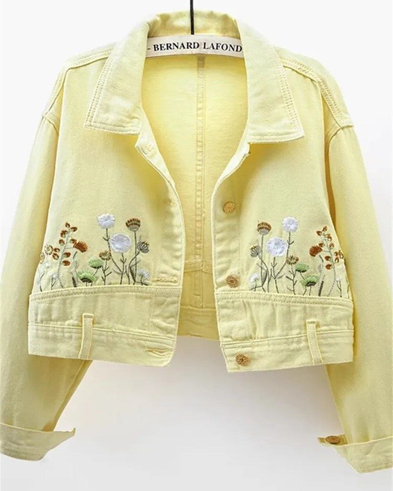 Lunelle Cropped Floral Embroidered Denim Jacket