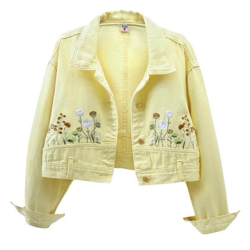 Lunelle Cropped Floral Embroidered Denim Jacket