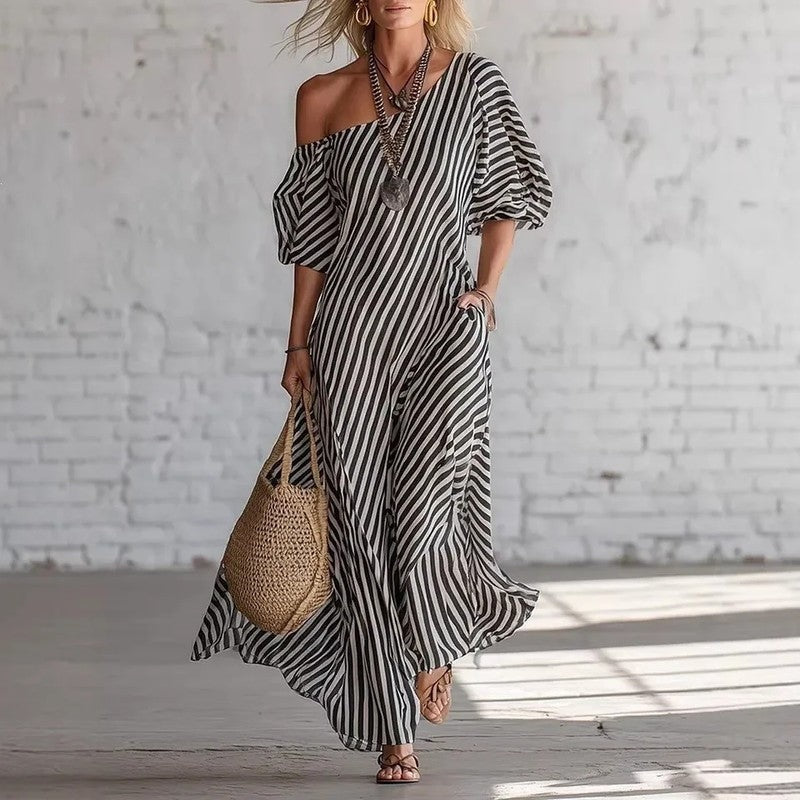 Marisol Relaxed Stripe Off-Shoulder Maxi Dress