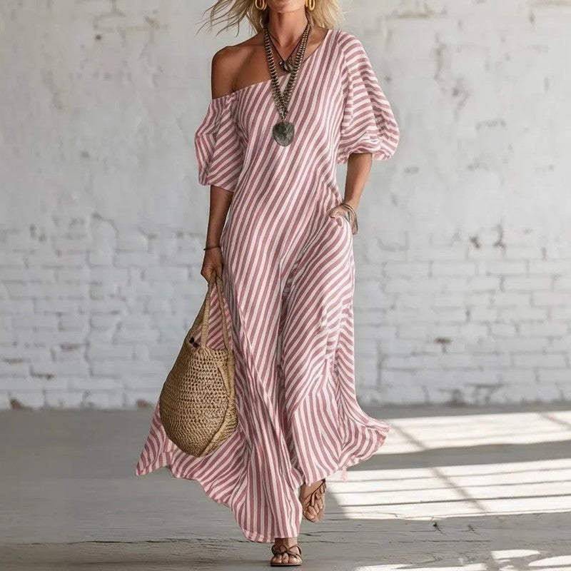 Marisol Relaxed Stripe Off-Shoulder Maxi Dress