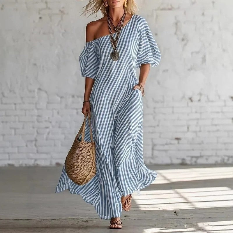 Marisol Relaxed Stripe Off-Shoulder Maxi Dress