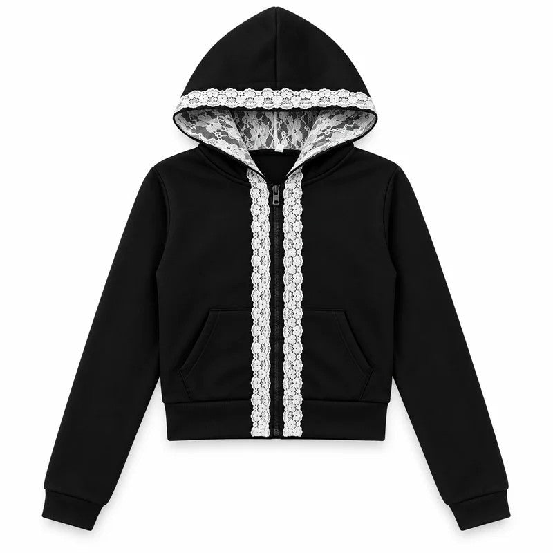 Martina Lace Trim Cropped Zip Hoodie