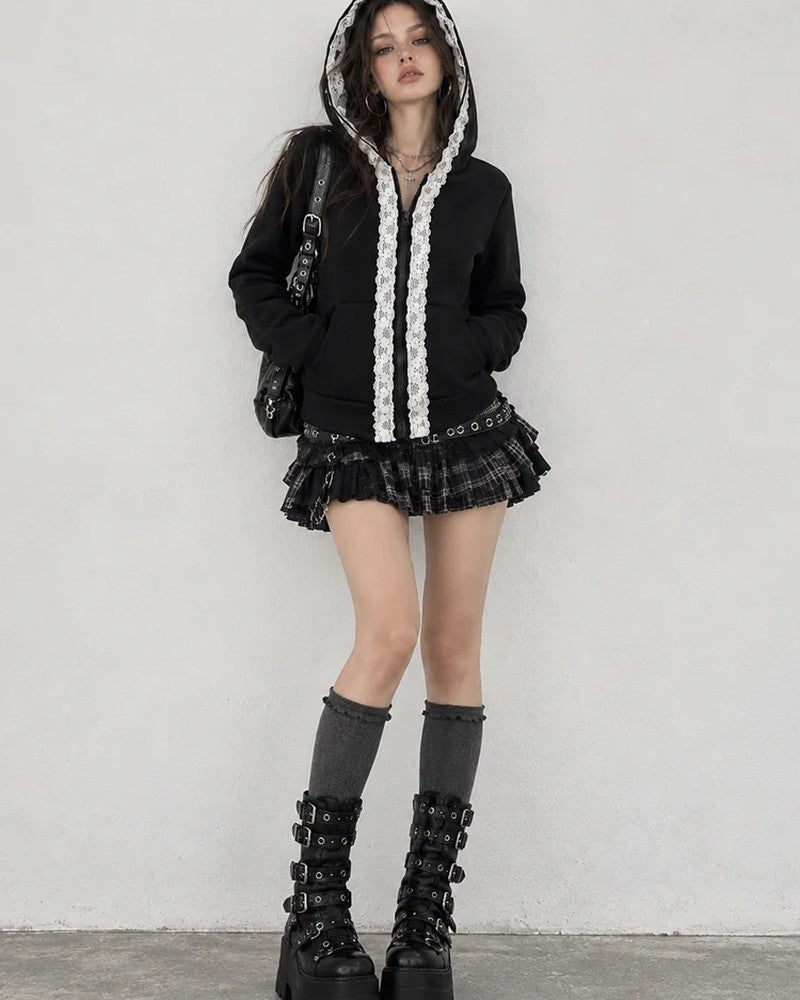 Martina Lace Trim Cropped Zip Hoodie
