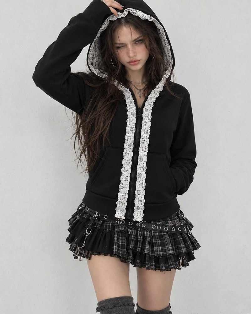 Martina Lace Trim Cropped Zip Hoodie