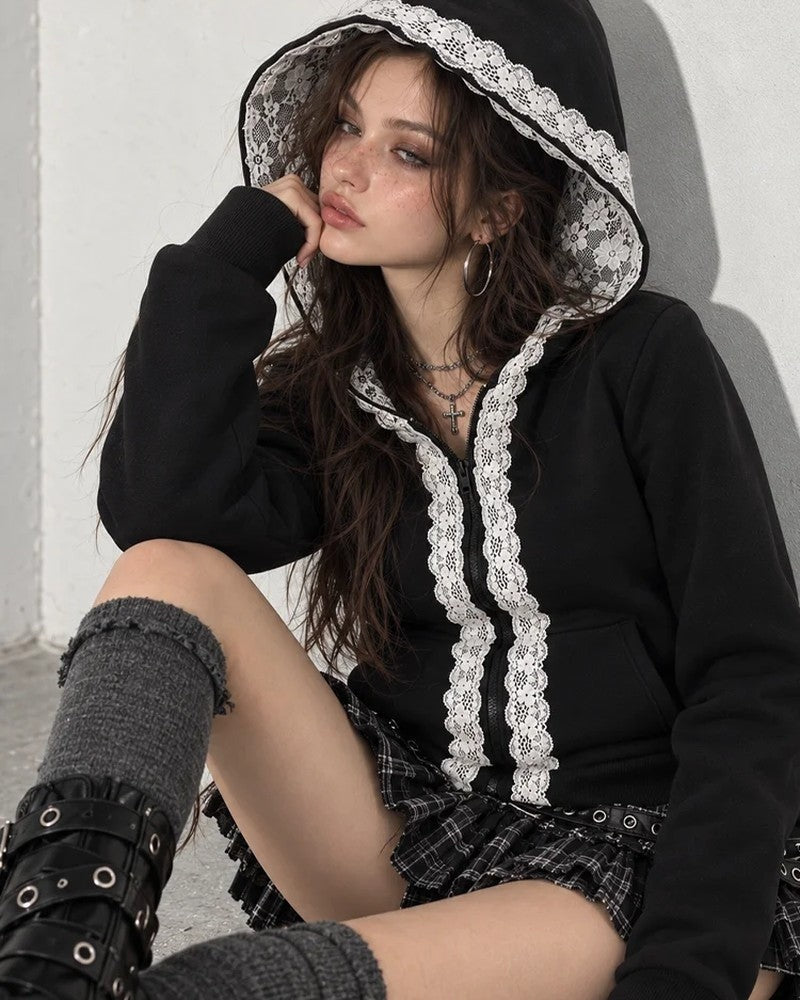 Martina Lace Trim Cropped Zip Hoodie