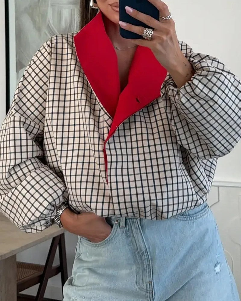 Melissa Checkered Contrast Collar Blouse