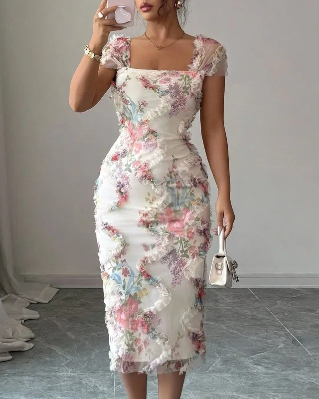 Mia Floral Mesh Ruched Midi Dress
