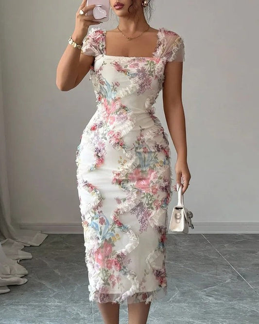 Mia Floral Mesh Ruched Midi Dress