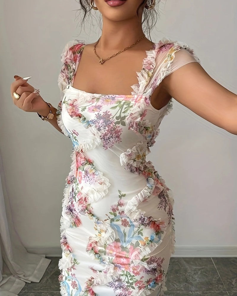 Mia Floral Mesh Ruched Midi Dress