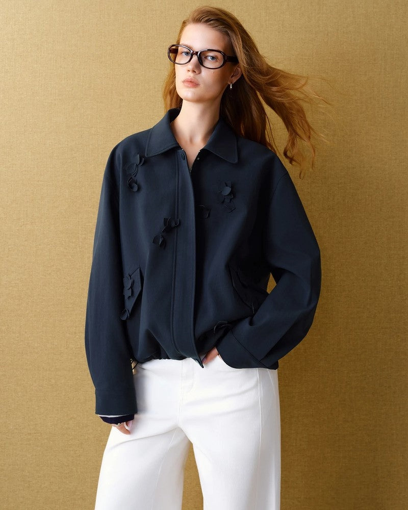 Mirello Textured Floral Appliqué Bomber Jacket