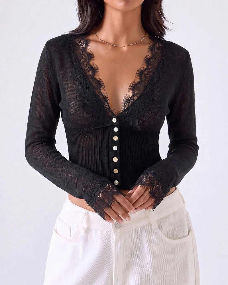 Perrine Lace Trim Knit Cardigan