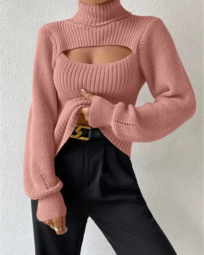 Renelle Ribbed Cutout Mock Neck Sweater