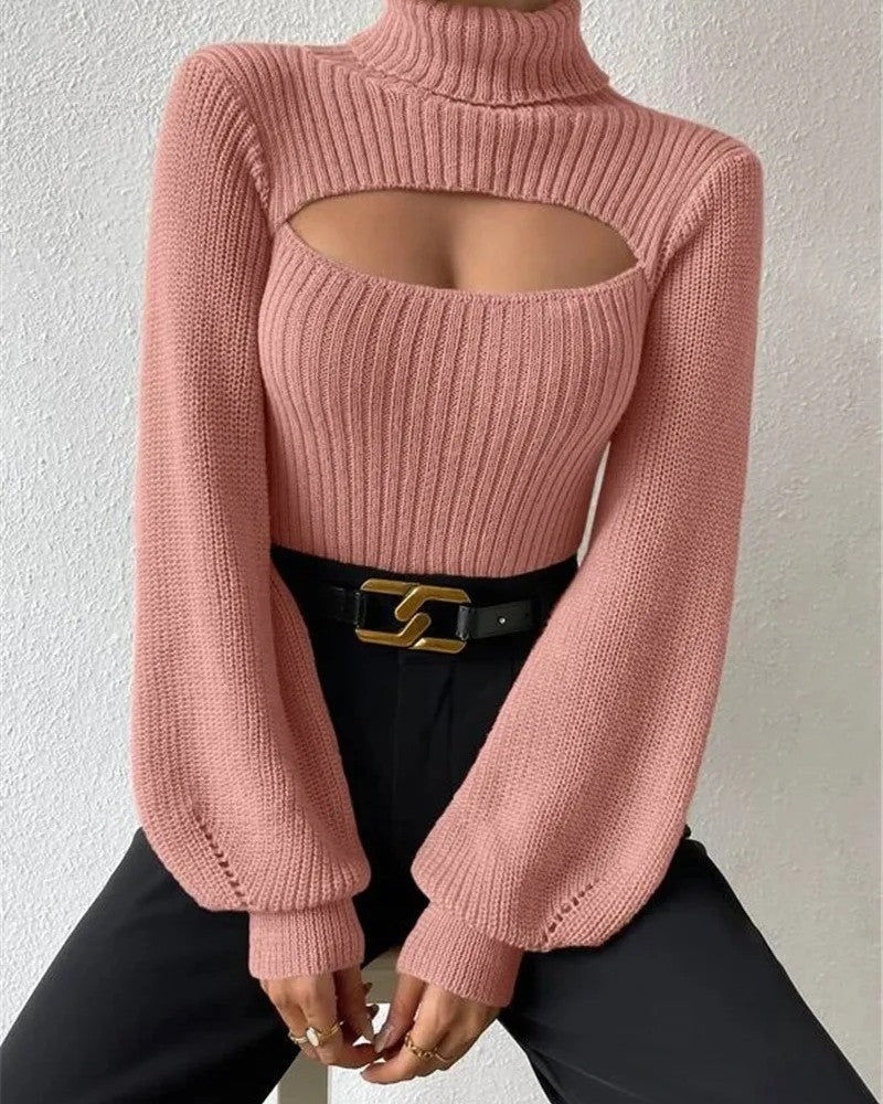 Renelle Ribbed Cutout Mock Neck Sweater