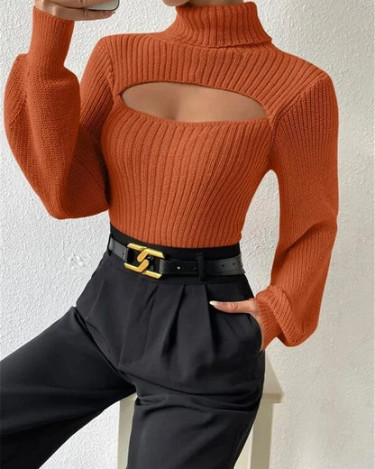 Renelle Ribbed Cutout Mock Neck Sweater