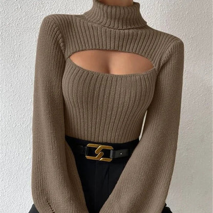 Renelle Ribbed Cutout Mock Neck Sweater