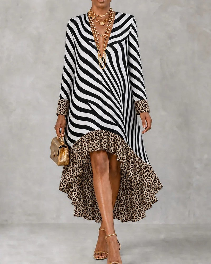 Sara Mixed Print Ruffle High-Low Dress