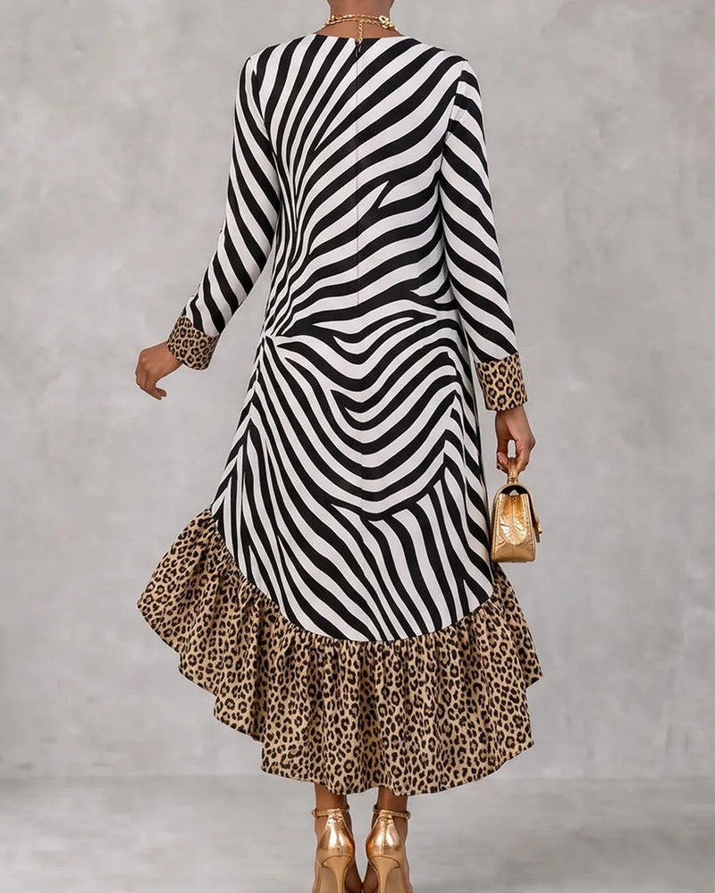 Sara Mixed Print Ruffle High-Low Dress