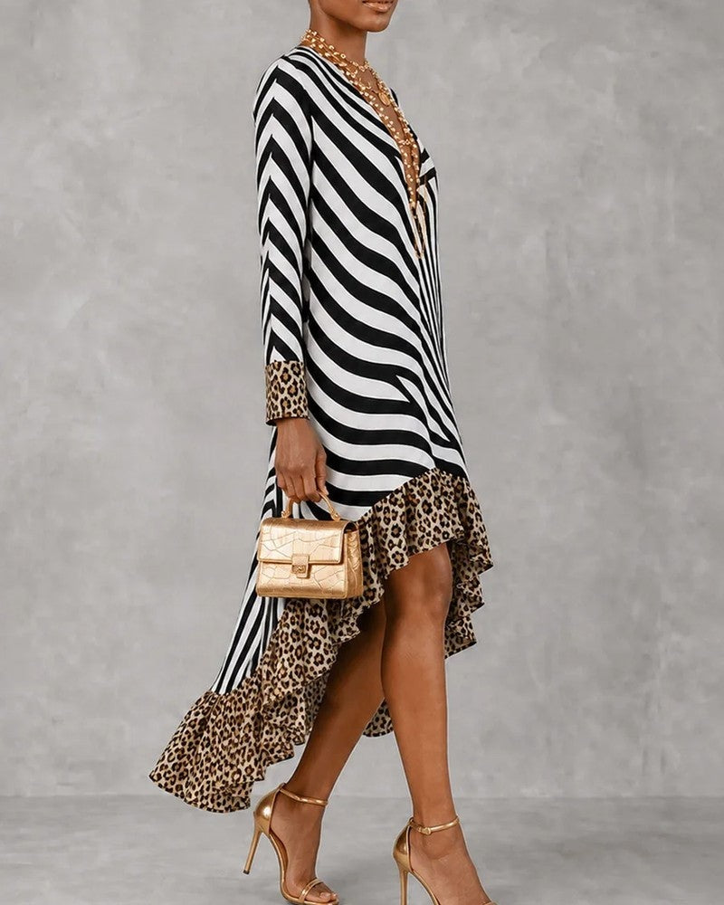 Sara Mixed Print Ruffle High-Low Dress