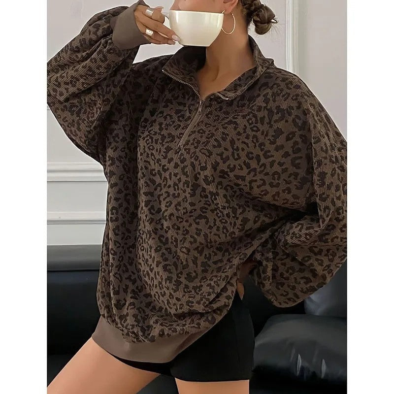 Selma Leopard Corduroy Half-Zip Pullover