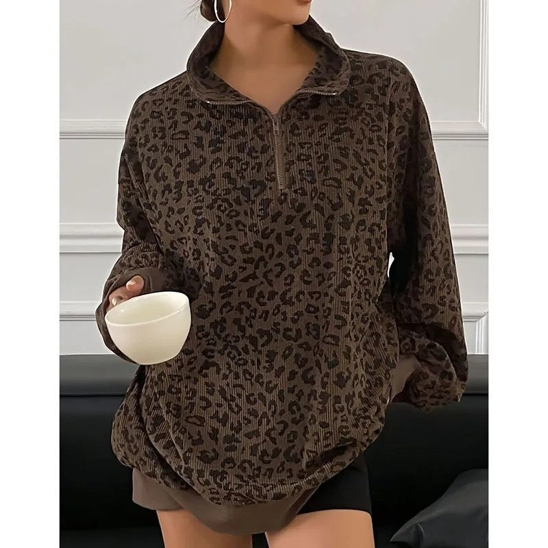 Selma Leopard Corduroy Half-Zip Pullover