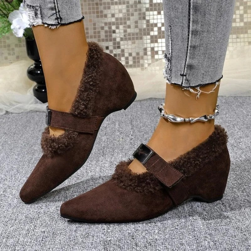 Stella Shearling Trim Buckle Wedge Shoes
