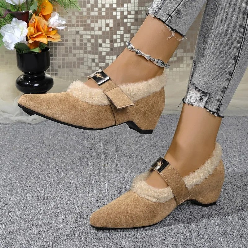 Stella Shearling Trim Buckle Wedge Shoes