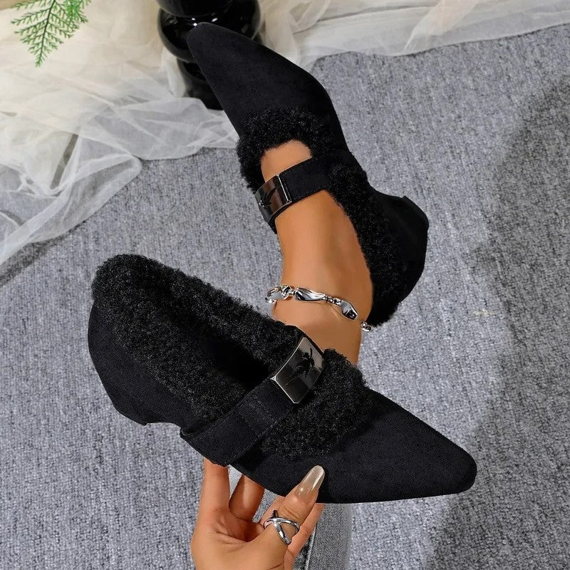 Stella Shearling Trim Buckle Wedge Shoes