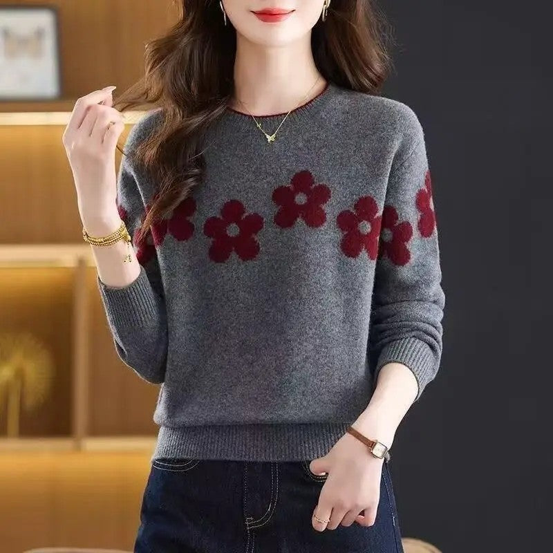 Vesari Floral Knit Crewneck Sweater