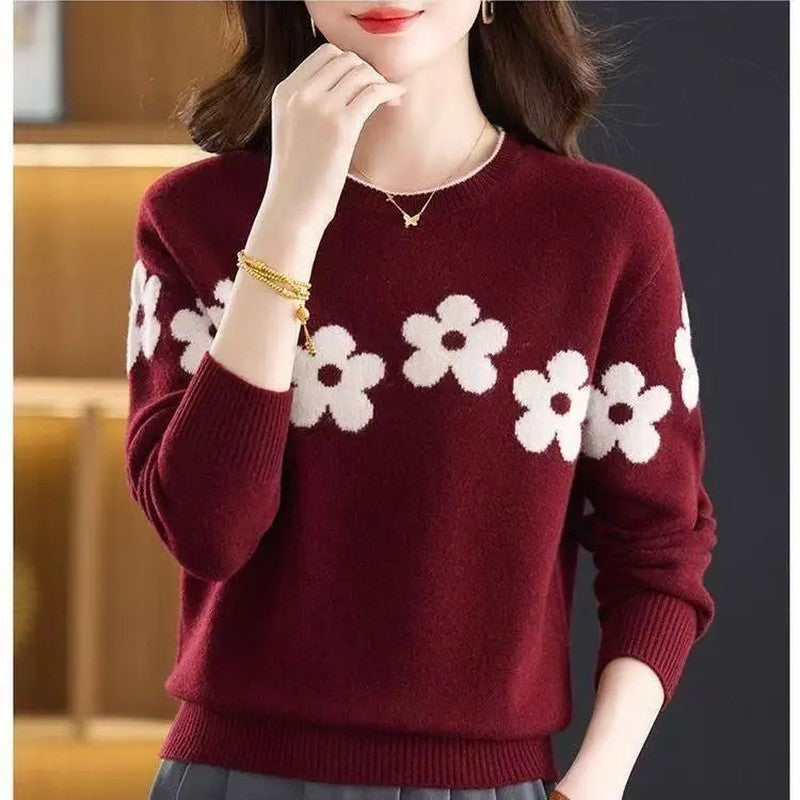Vesari Floral Knit Crewneck Sweater