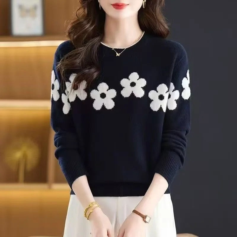 Vesari Floral Knit Crewneck Sweater